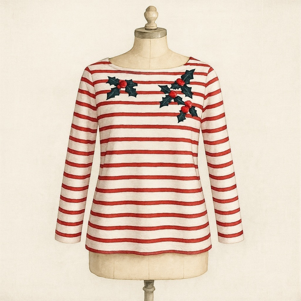 Talbots Embroidered Holly Stripe Long-Sleeve Tee – Large Petite Holiday Tee